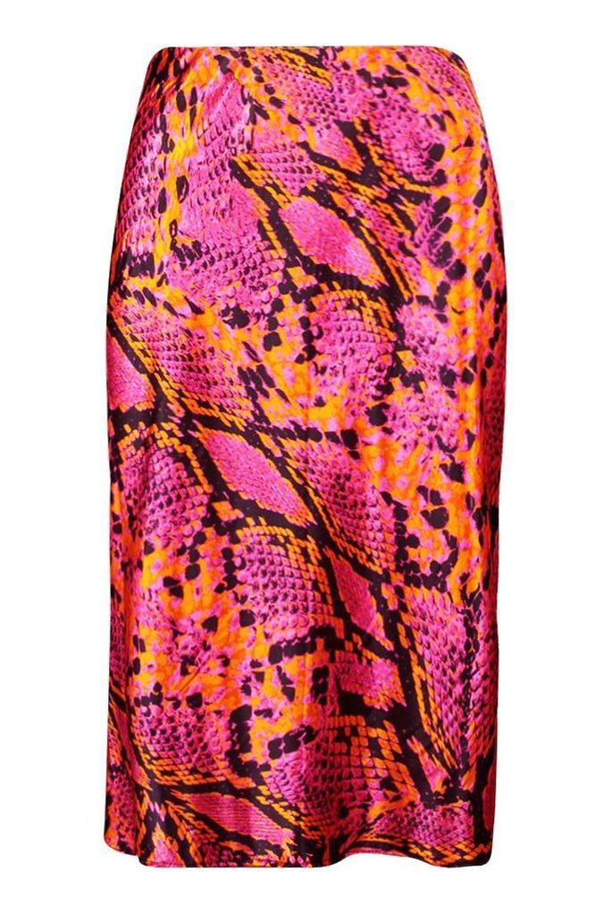Womens Snake Print Satin Bias Cut Midi Skirt - Pink - 12, Pink