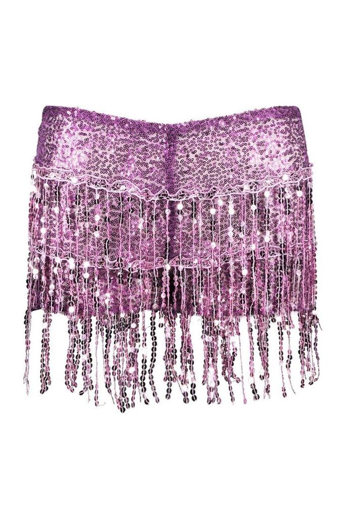 Womens Tassel Sequin Mini Hotpant - purple - M/L, Purple