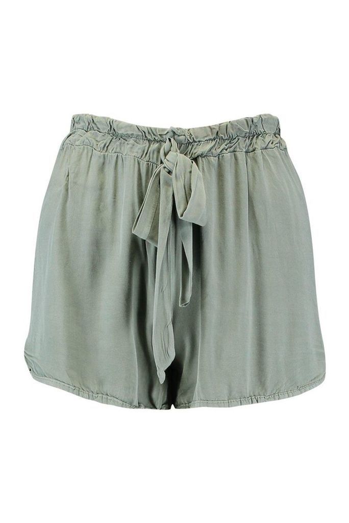Womens Tie Waist Soft Cotton Look Shorts - green - 8, Green