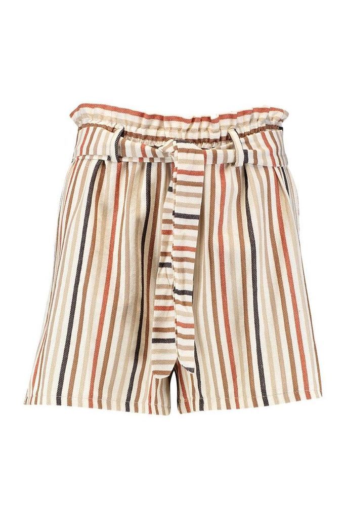 Womens Linen Stripe Gathered Waist Shorts - orange - 8, Orange