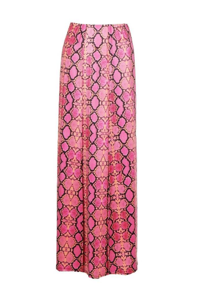 Womens Double Split Snake Print Maxi Skirt - Pink - 10, Pink
