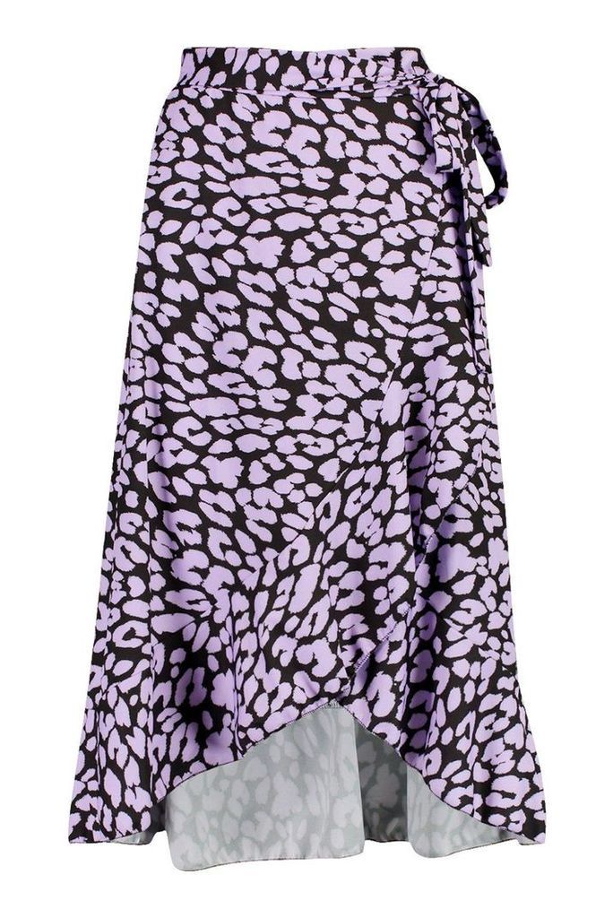 Womens Leopard Print Wrap Ruffle Midi Skirt - purple - 10, Purple