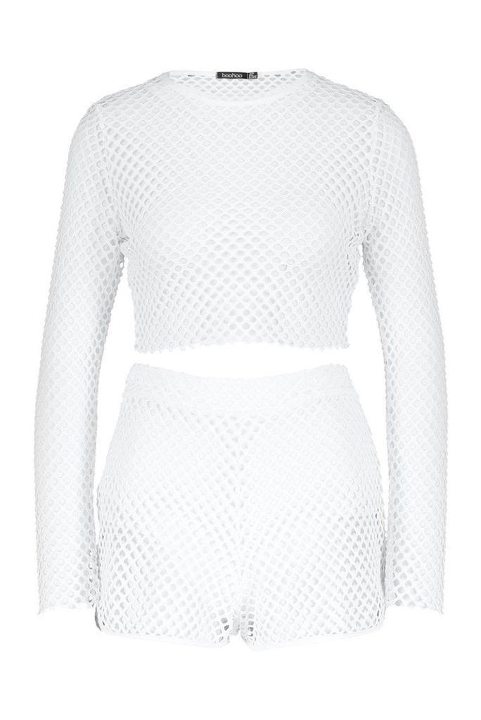 Womens Mesh Long Sleeved Top & Short Co-Ord - white - 14, White