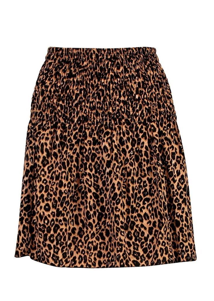Womens Leopard Print Shirred Mini Skirt - brown - 8, Brown