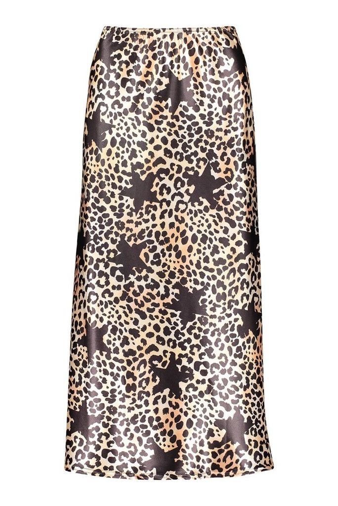 Womens Satin Leopard Star Print Bias Cut Midi Skirt - black - 6, Black