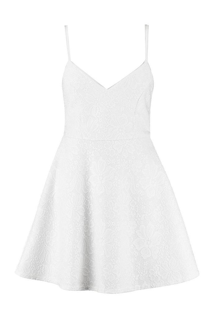 Womens Bonded Lace Scuba Skater Dress - White - 10, White