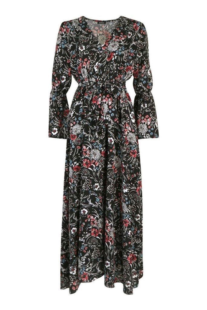 Womens Floral Woven V Neck Flare Sleeve Maxi Dress - black - 6, Black