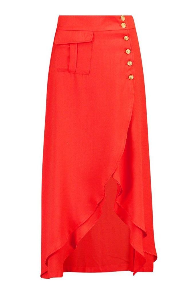 Womens Pocket Detail Button Midi Skirt - red - S, Red