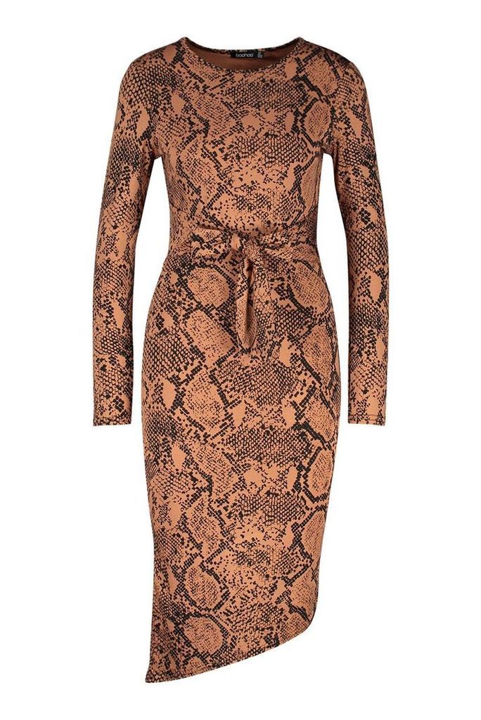 Womens Tie Front Snake Print Midi Dress - brown - 14, Brown