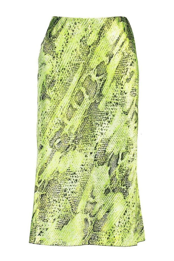 Womens Satin Snake Bias Midi Skirt - green - 10, Green