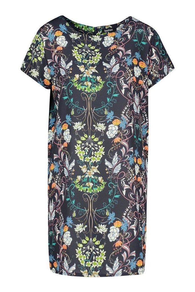 Womens Woven Floral Paisley Shift Dress - navy - 8, Navy