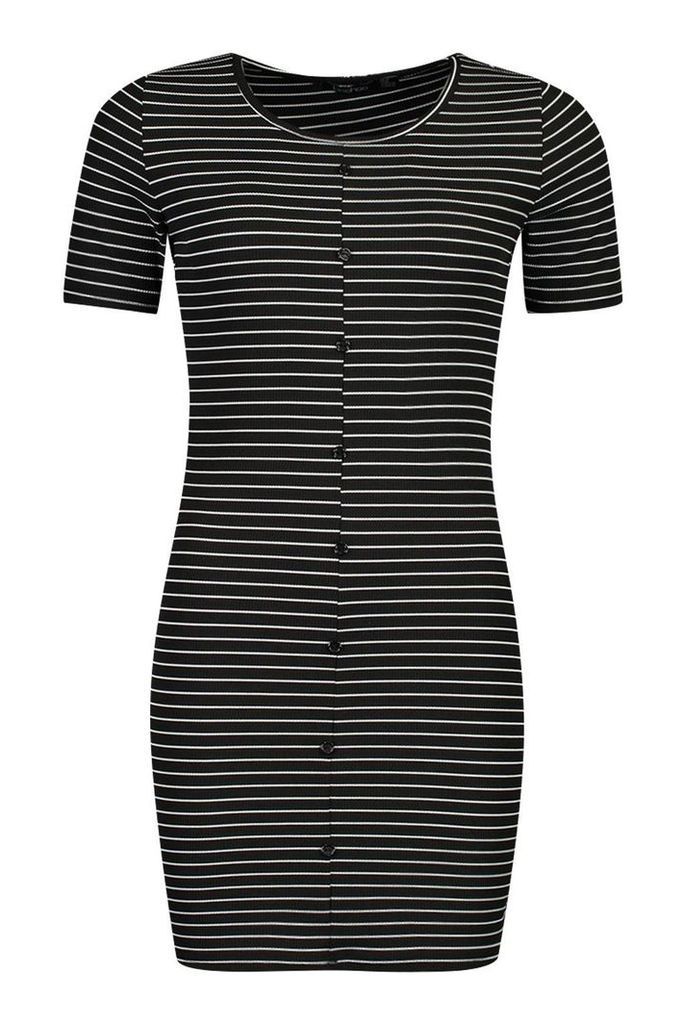 Womens Rib Stripe Button Bodycon Dress - black - 6, Black