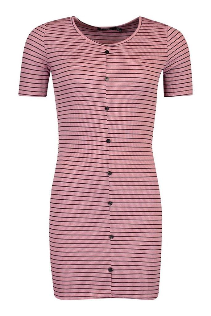 Womens Rib Stripe Button Bodycon Dress - beige - 10, Beige
