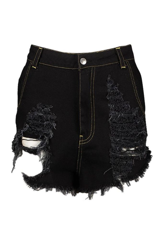 Womens Gold Contrast Stitch Denim Hottrousers - black - 8, Black