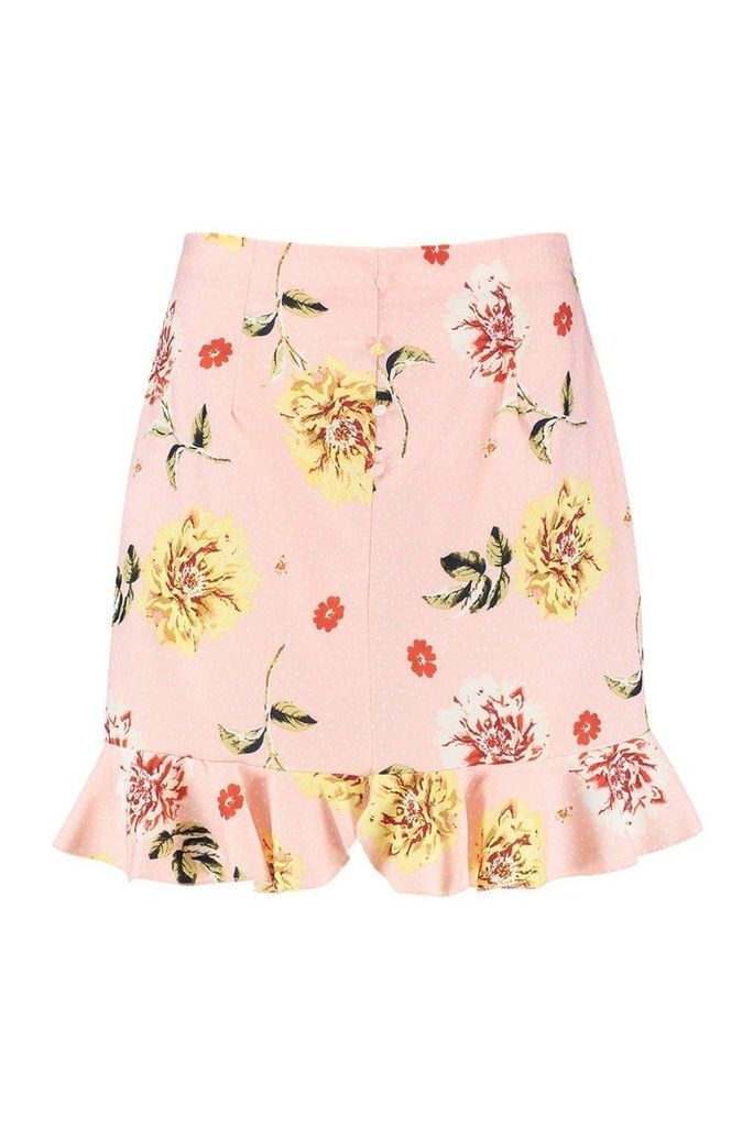 Womens Woven Floral Print Button Through Frill Hem Skirt - Pink - 14, Pink