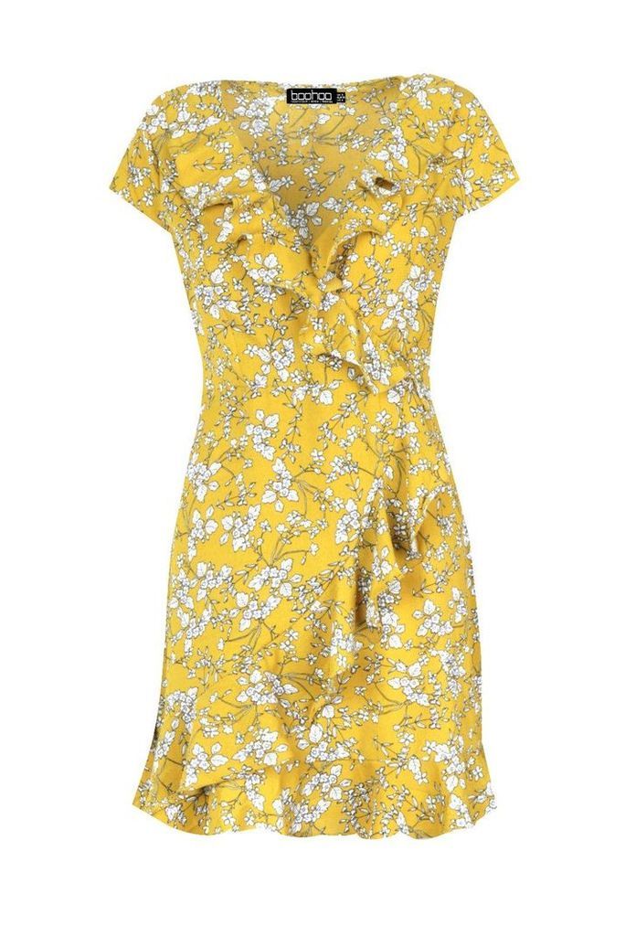 Womens Woven Ditsy Floral Tea Dress - yellow - 16, Yellow
