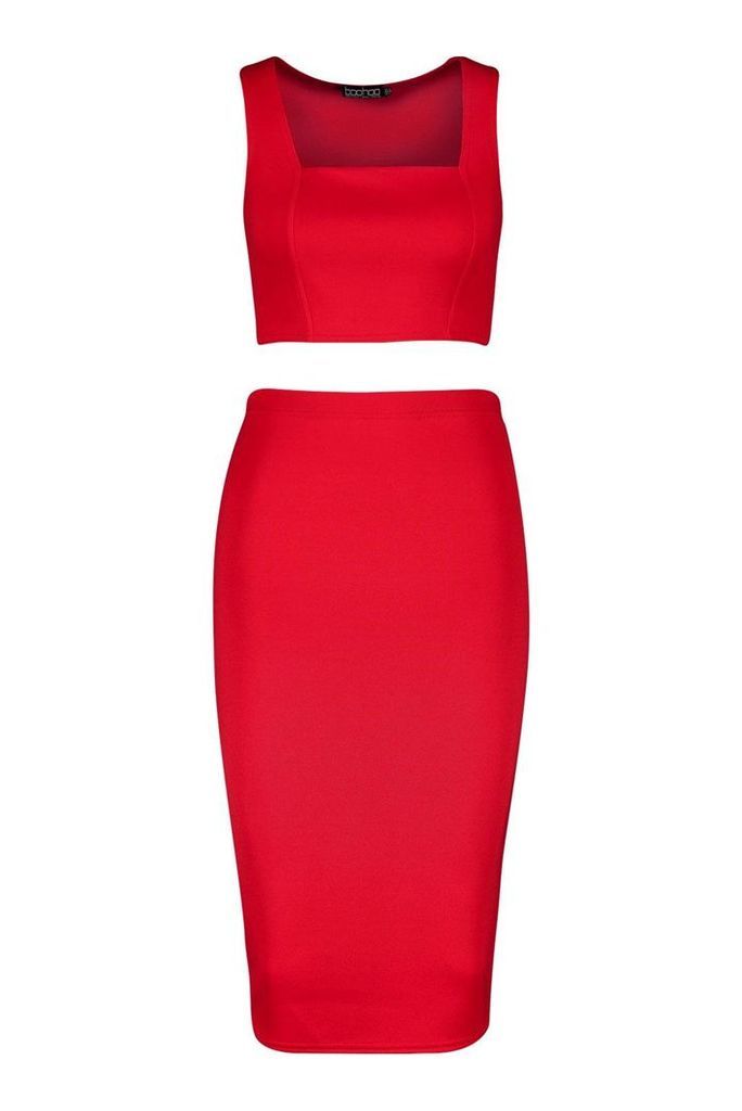 Womens Square Neck Top & Midi Skirt - Red - 14, Red