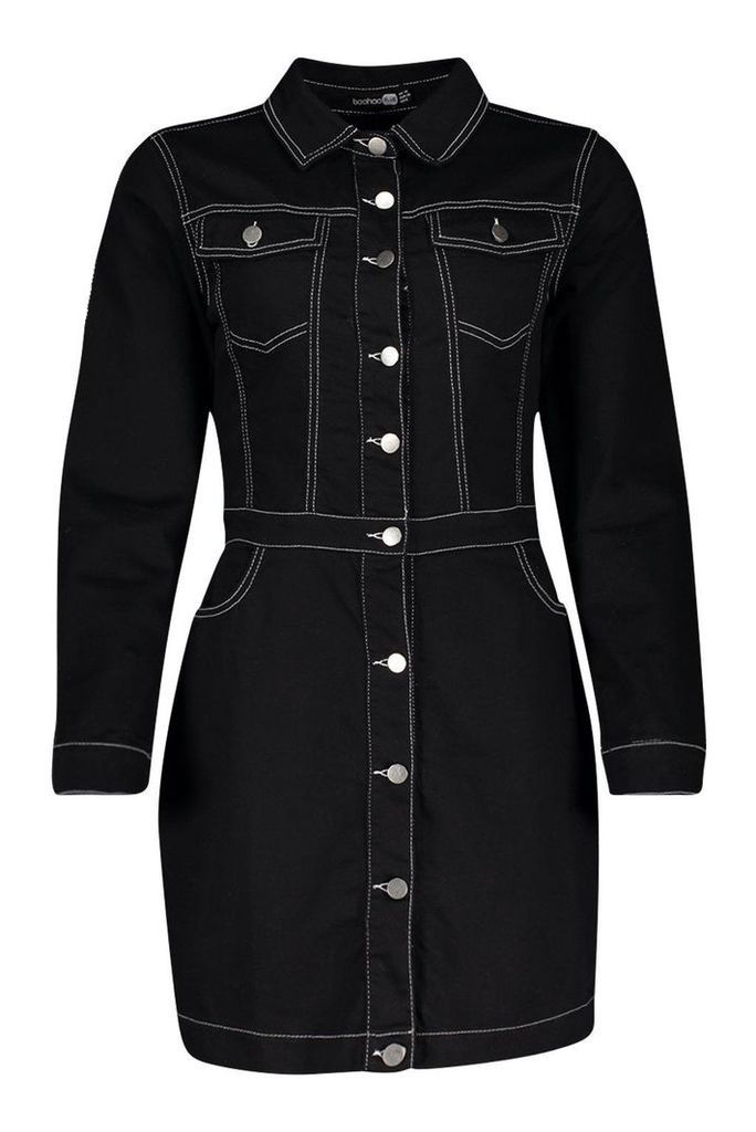 Womens Contrast Stitch Denim Bodycon Dress - black - 10, Black