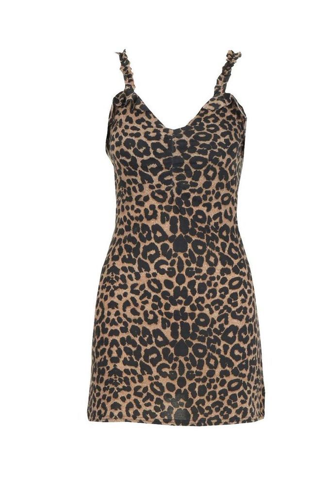 Womens Leopard Rouche Front Frill Mini Dress - brown - 14, Brown