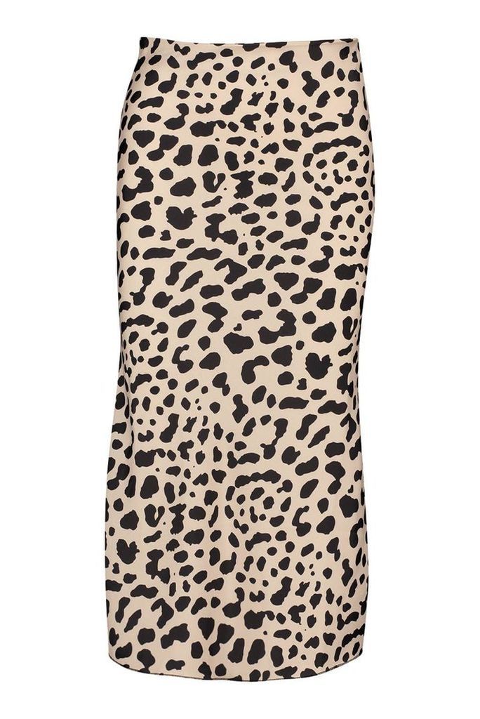 Womens Bias Satin Leopard Print Midaxi Skirt - beige - 14, Beige
