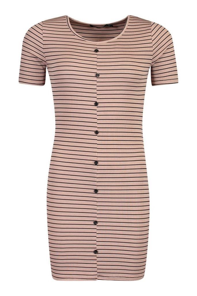 Womens Rib Stripe Button Bodycon Dress - beige - 14, Beige