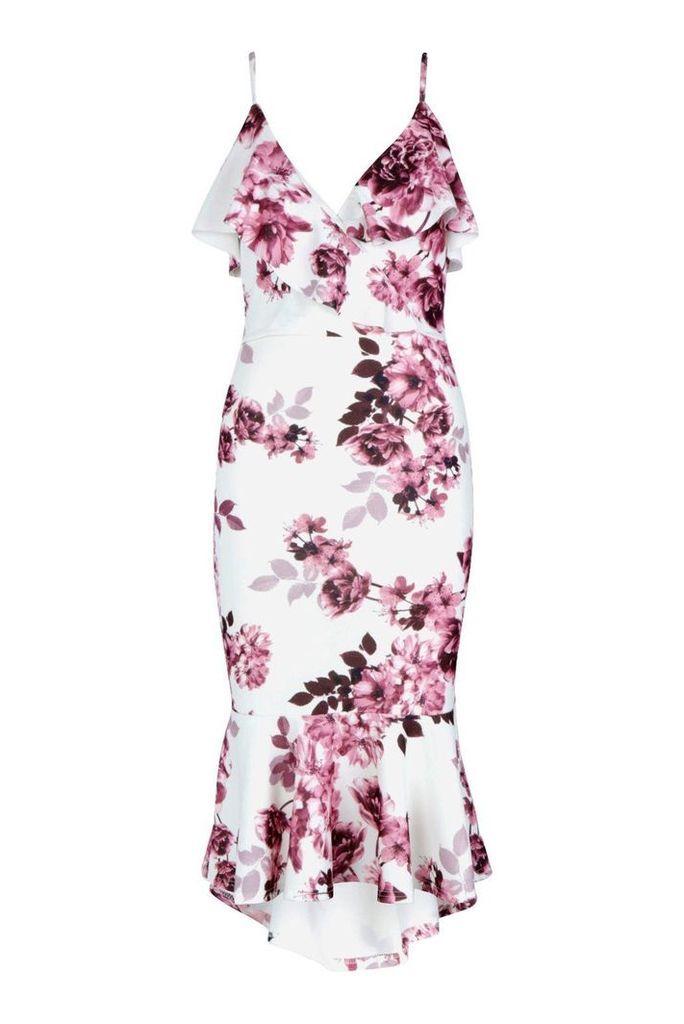 Womens Floral Wrap Ruffle Midi Dress - Pink - 8, Pink