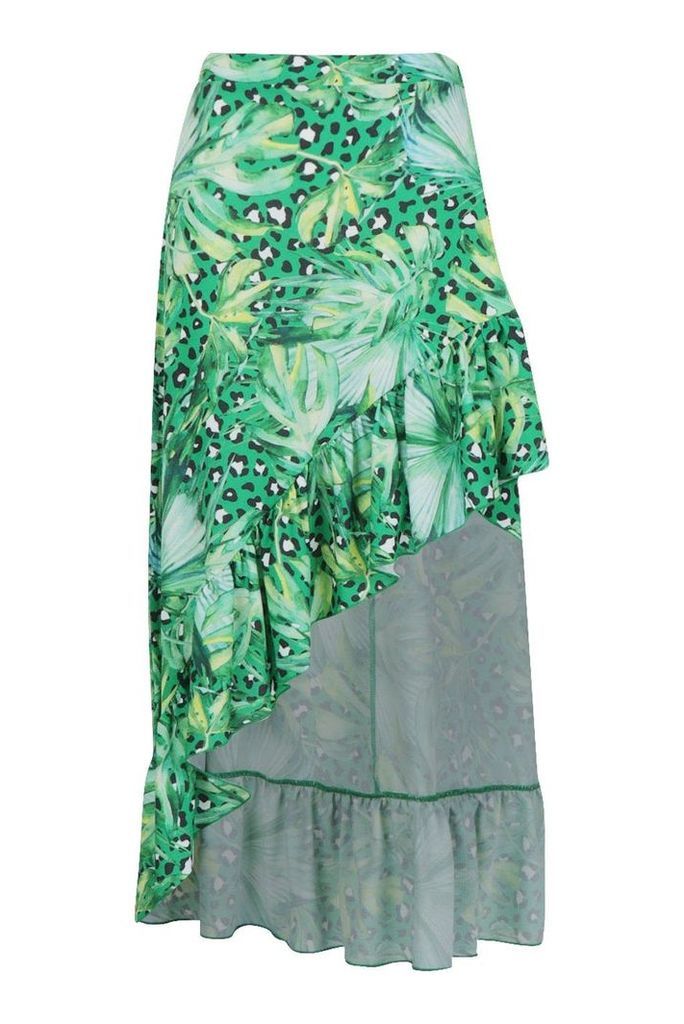 Womens Leopard Palm Mix Print Ruffle Hem Midaxi Skirt - green - 10, Green