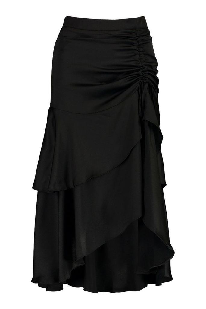 Womens Ruched Double Layer Midi Skirt - black - S, Black