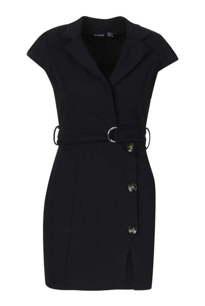 Womens Button Detail Belted Wrap Blazer Dress - black - 12, Black