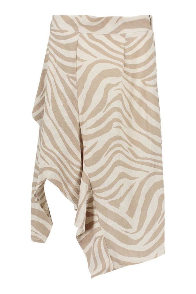 Womens Zebra Print Ruffle Wrap Skirt - beige - 14, Beige