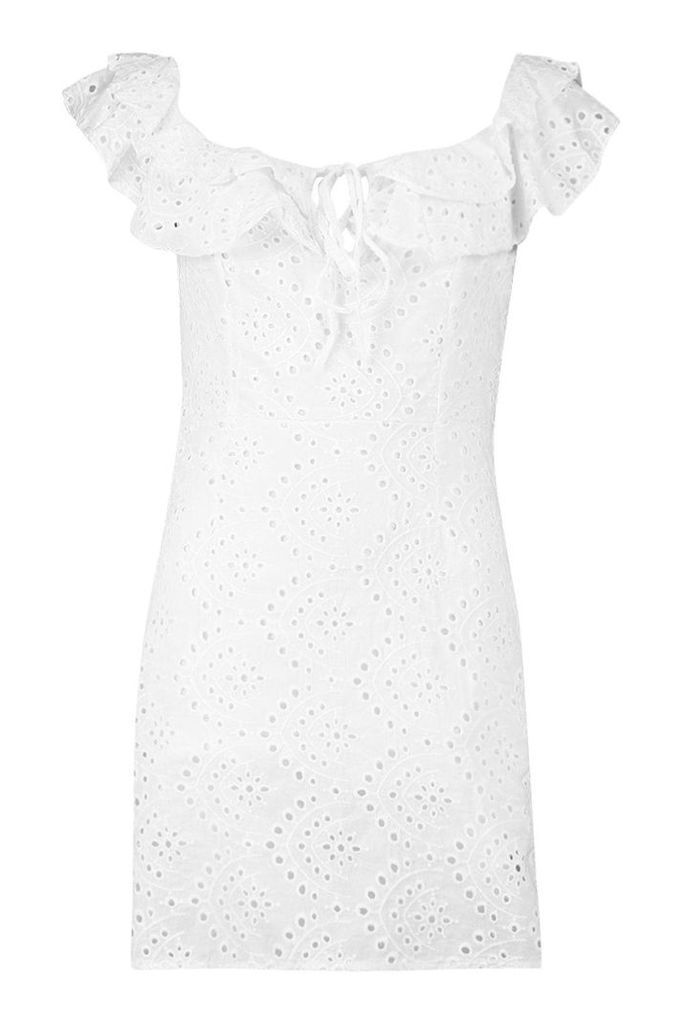 Womens Broaderie Anglaise Ruffle Mini Dress - white - 10, White