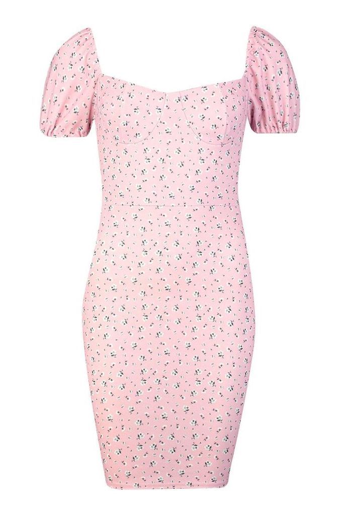 Womens Floral Corset Cup Puff Sleeve Bodycon Dress - Pink - 8, Pink