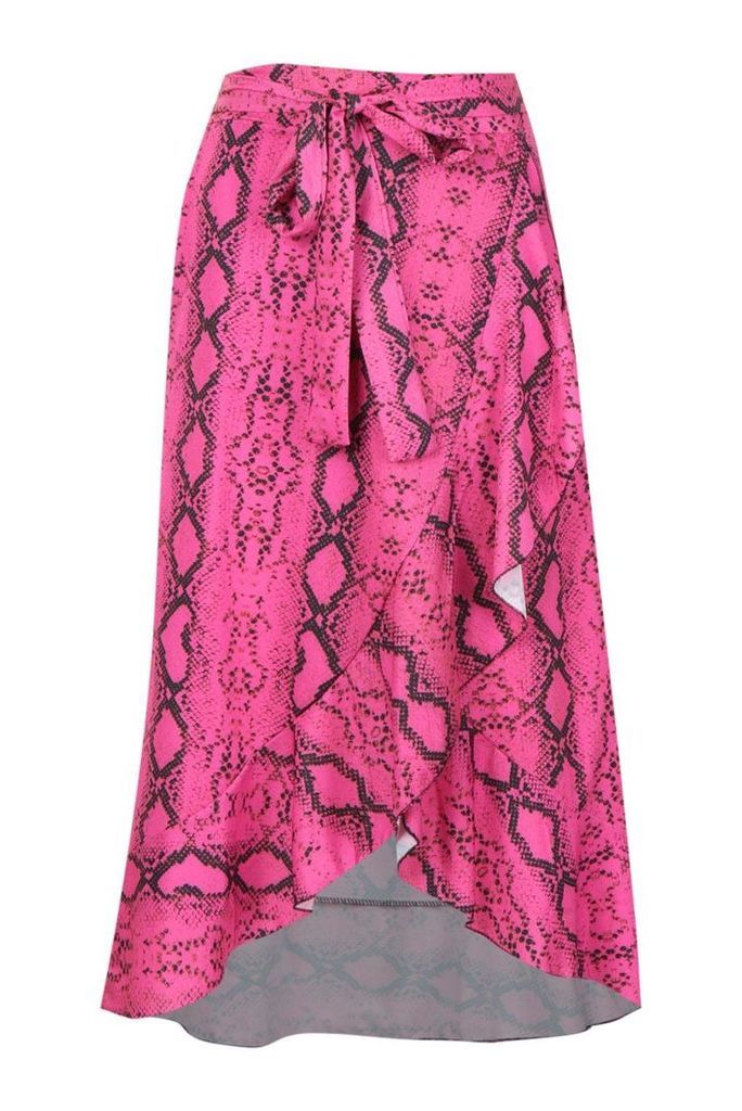 Womens Snake Print Wrap Ruffle Midi Skirt - Pink - 8, Pink