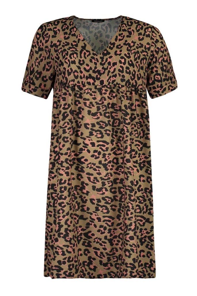 Womens Leopard Print Smock Dress - brown - 6, Brown