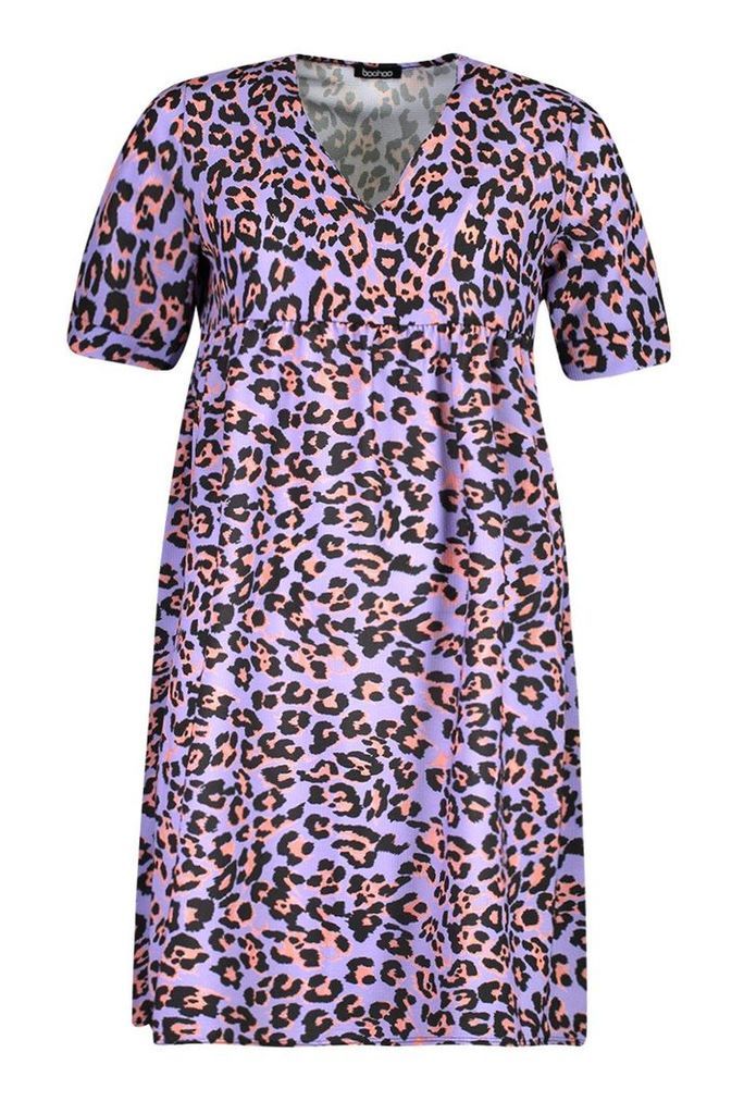 Womens Leopard Print Smock Dress - purple - 8, Purple