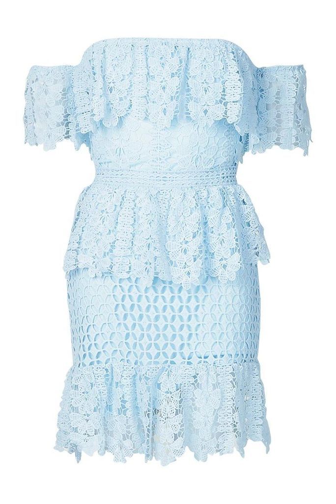 Womens Off The Shoulder Frill Lace Dress - blue - 8, Blue