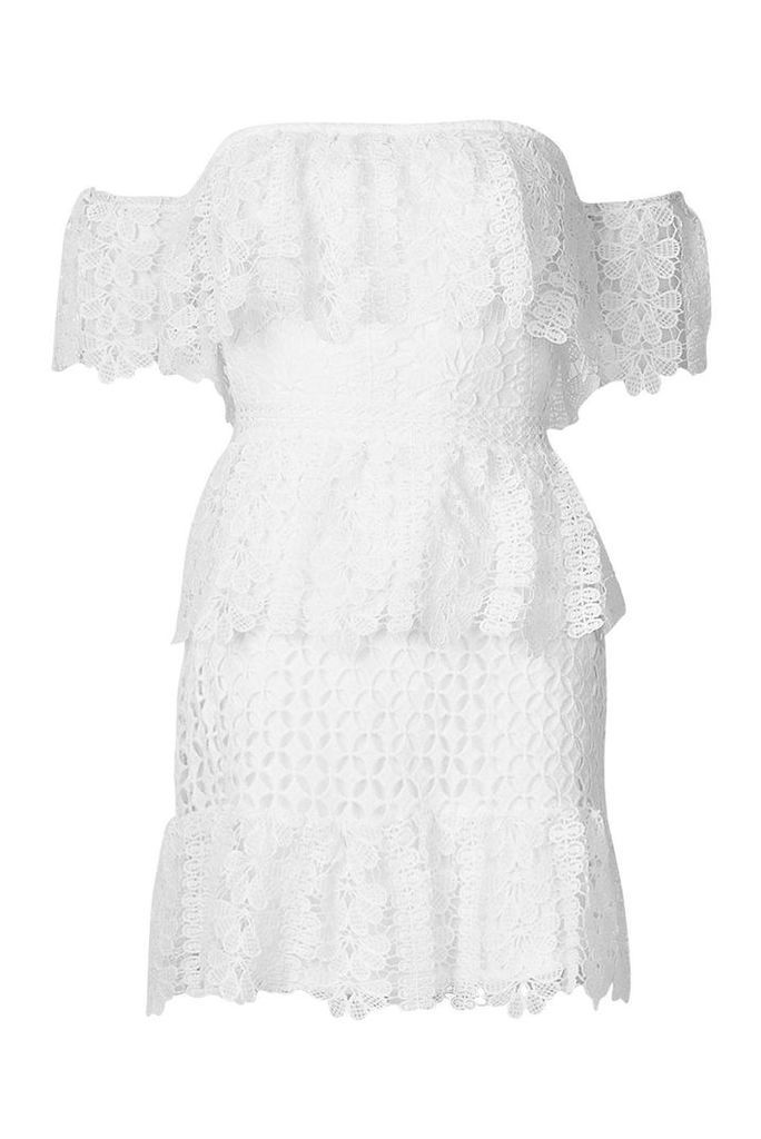 Womens Off The Shoulder Frill Lace Dress - white - 14, White