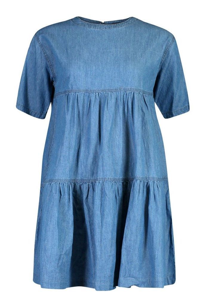 Womens Seam Detail Denim Smock Dress - Blue - 12, Blue