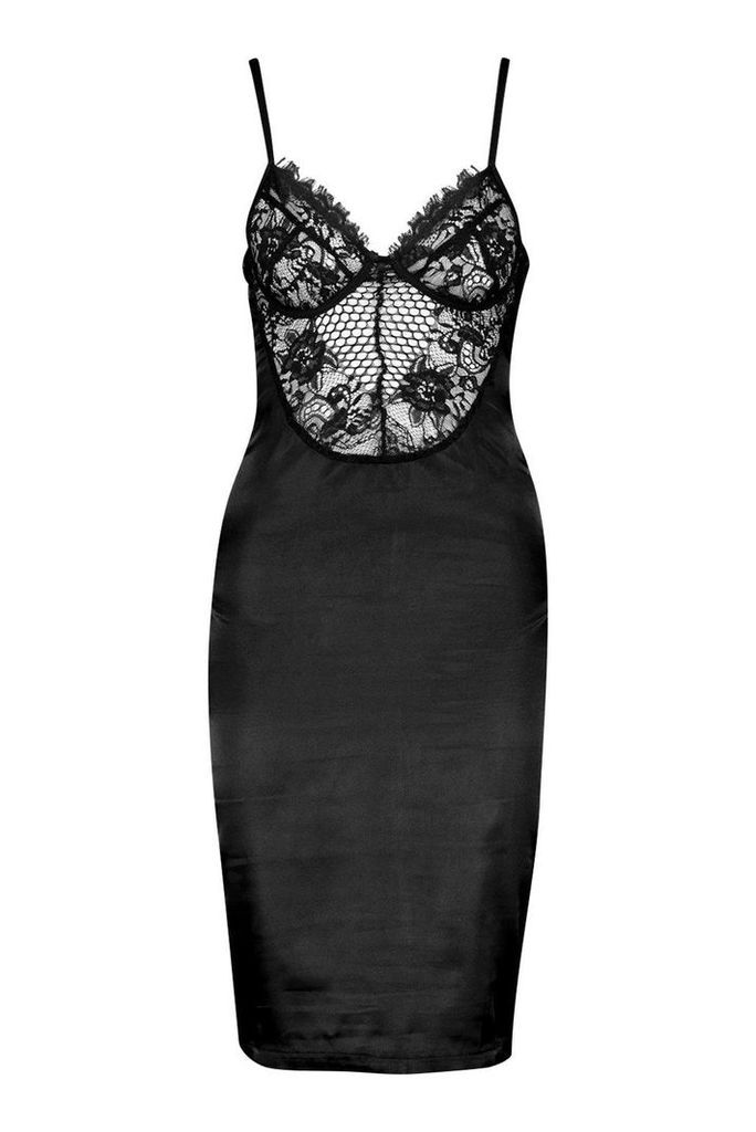 Womens Satin Lace Cupped Bodycon Dress - black - L, Black