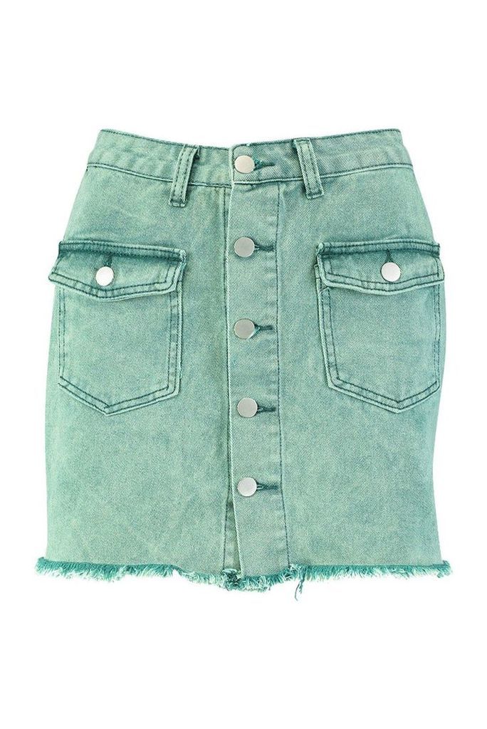 Womens Button Front Washed Denim Skirt - green - 10, Green