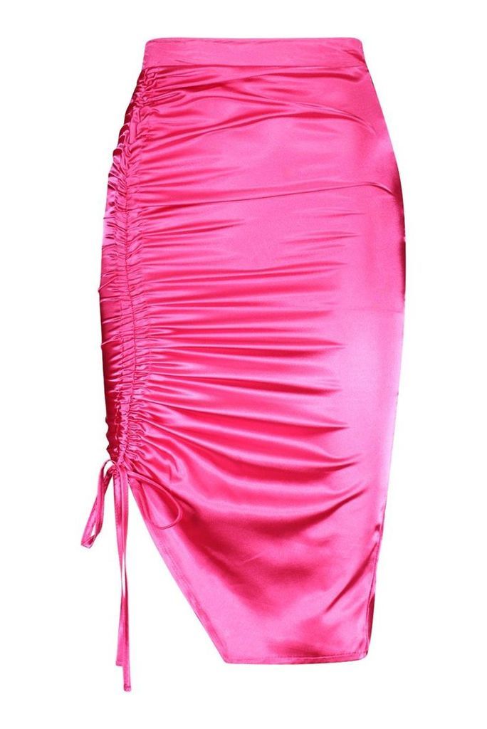 Womens Satin Ruched Wrap Midi Skirt - Pink - 6, Pink