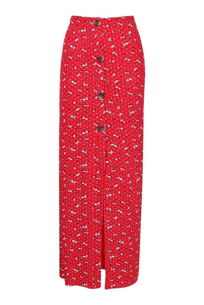 Womens Floral Ditsy Button Through Skirt - Red - 16, Red