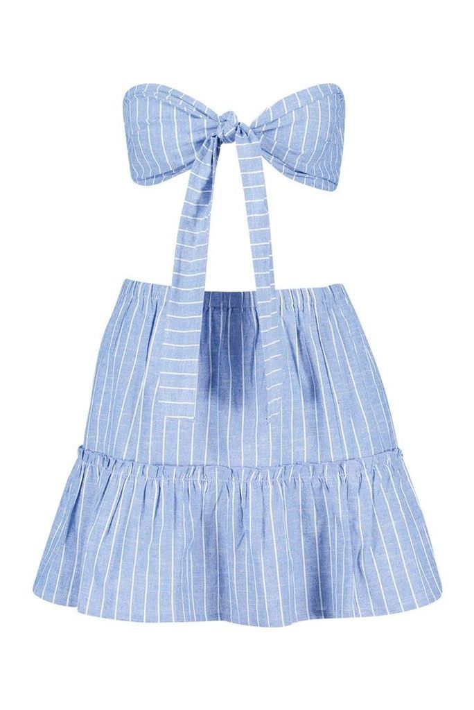 Womens Cotton Stripe Tie Bralet & Tiered Mini Skirt - blue - 14, Blue