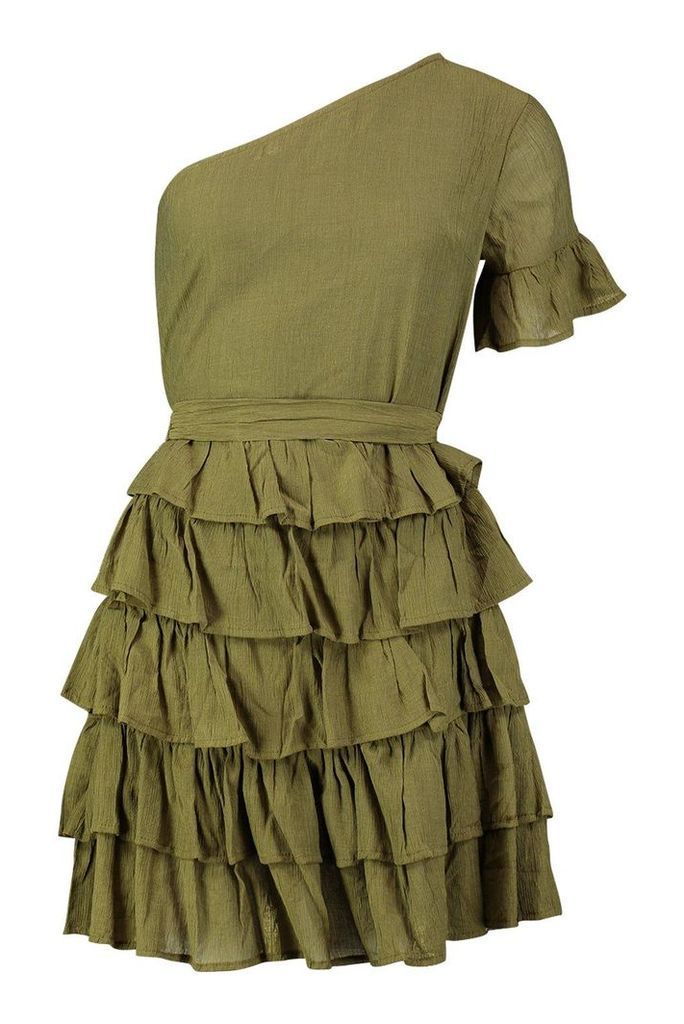 Womens One Shoulder Cheesecloth Ruffle Skirt Skater Dress - green - 10, Green