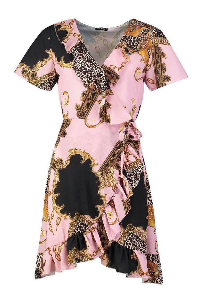 Womens Chain Print Ruffle Wrap Front Tea Dress - Pink - 8, Pink