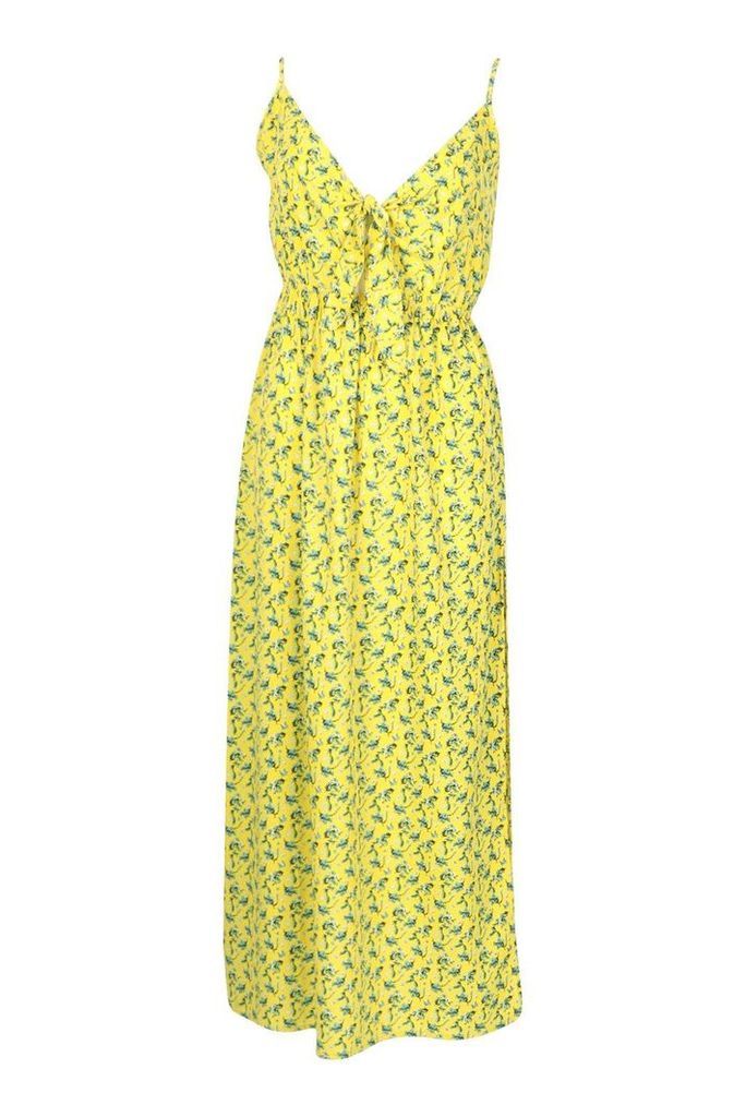 Womens Woven Floral Tie Front Shirred Back Maxi Dress - yellow - 6, Yellow