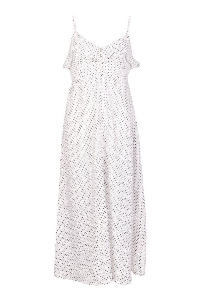 Womens Woven Polka Dot Covered Button Maxi Dress - white - 14, White