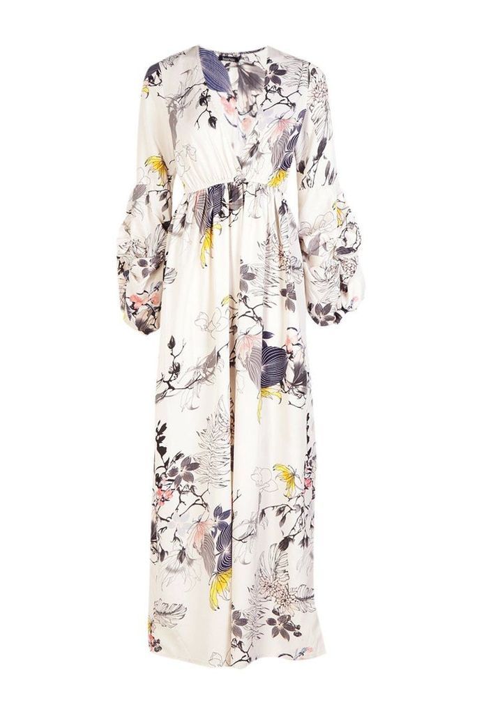 Womens Mimi V Neck Rouched Sleeve Floral Maxi Dress - White - 14, White
