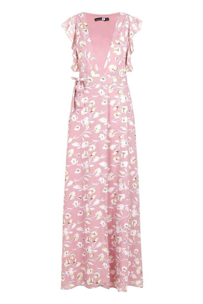 Womens Floral Frill Detail Wrap Maxi Dress - pink - 12, Pink