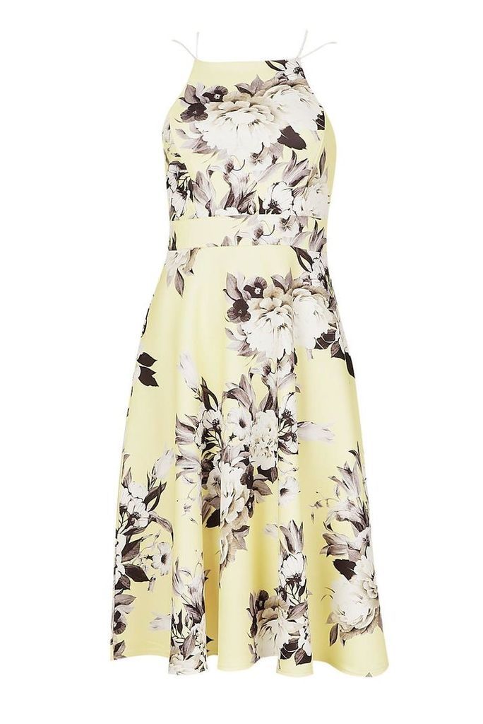 Womens Floral Strappy Midi Skater Dress - yellow - 16, Yellow